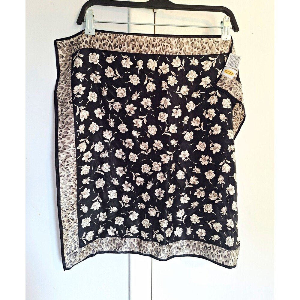 Vintage Talbots 100% Silk Floral Square Scarf Logo Accent Black Ivory
